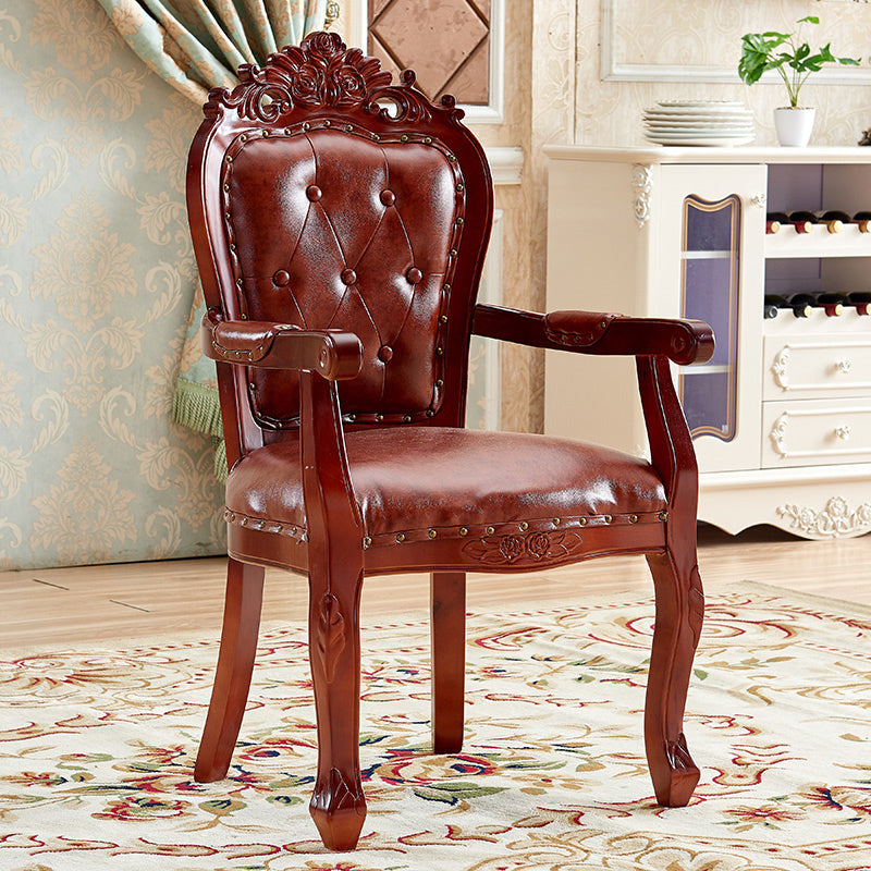 European Style Birch Leather Arm Chair Light Color Solid Back Dining Chair with White Legs