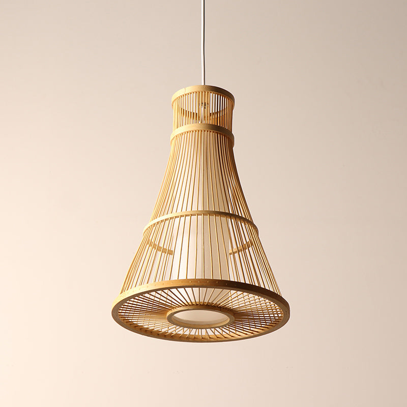 1 Bulb Trumpet Hanging Light Asia Bamboo Suspended Lighting Fixture in Beige for Restaurant