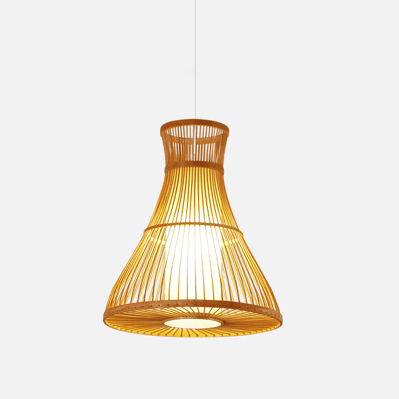 Beige Flared Ceiling Lamp Asian 1 Bulb Bamboo Hanging Light Fixture with Inner Tube Parchment Shade