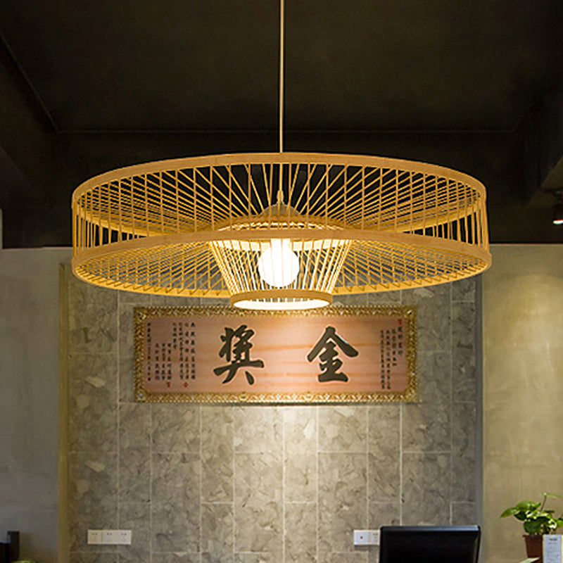 Laser Cut Pendant Light Japanese Bamboo 1 Head Suspended Lighting Fixture in Beige