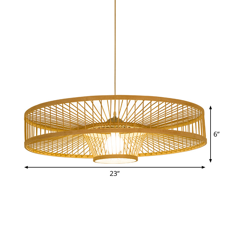 Laser Cut Pendant Light Japanese Bamboo 1 Head Suspended Lighting Fixture in Beige
