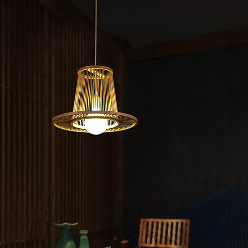 Bamboo Wide Flare Pendant Lighting Chinese 1 Bulb Hanging Light Fixture in Wood for Bedroom