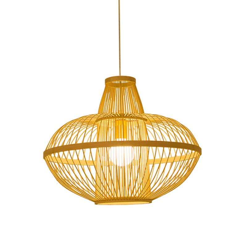 1 Head Restaurant Pendant Lamp Asia Wood Hanging Ceiling Light with Curved Bamboo Shade