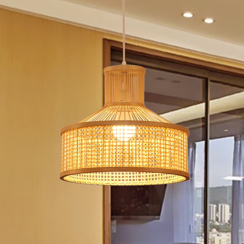 Chinese 1 Bulb Pendant Lamp Beige Hand Woven Hanging Light Fixture with Bamboo Shade