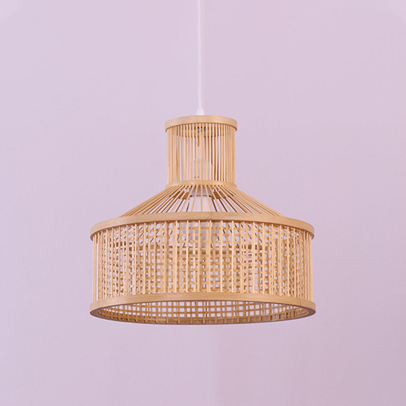 Chinese 1 Bulb Pendant Lamp Beige Hand Woven Hanging Light Fixture with Bamboo Shade