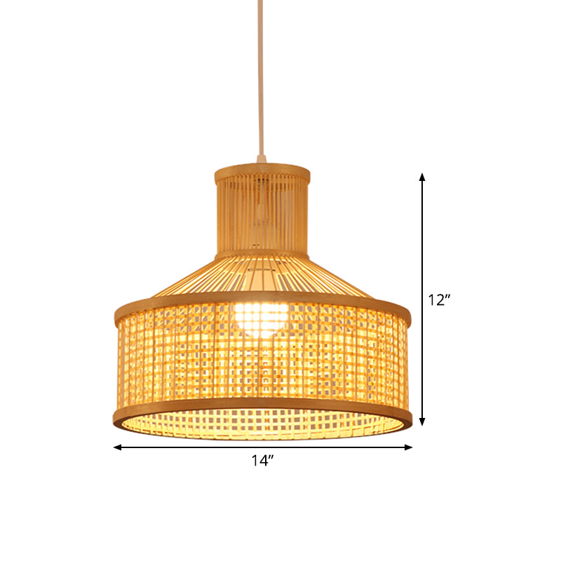 Chinese 1 Bulb Pendant Lamp Beige Hand Woven Hanging Light Fixture with Bamboo Shade
