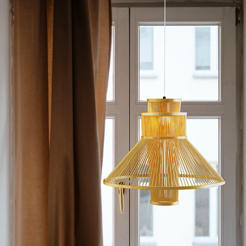 1 Head Living Room Pendant Light Asia Beige Ceiling Suspension Lamp with Tapered Bamboo Shade