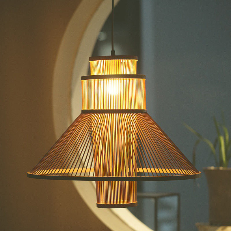 1 Kopf Wohnzimmer Anhänger Leicht Asien Beige Deckenhängung Lampe mit verjüngten Bambusschatten
