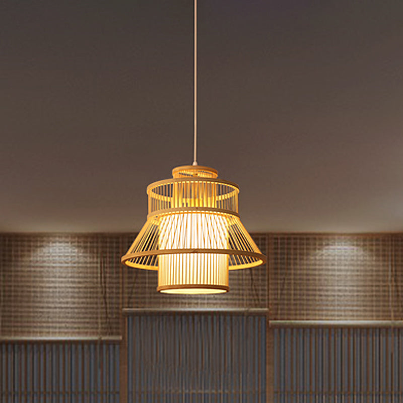 Wood Flared Hanging Light Chinese 1 Bulb Bamboo Suspended Lighting Fixture for Tearoom