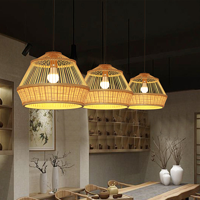 1 Bulb Teahouse Pendant Light Asia Beige Suspended Lighting Fixture with Basket Bamboo Shade