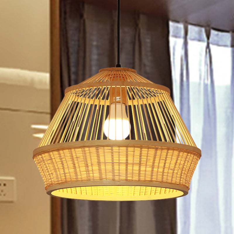 1 Bulb Teahouse Pendant Light Asia Beige Suspended Lighting Fixture with Basket Bamboo Shade