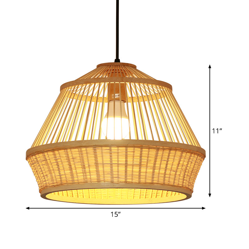 1 Bulb Teahouse Pendant Light Asia Beige Suspended Lighting Fixture with Basket Bamboo Shade