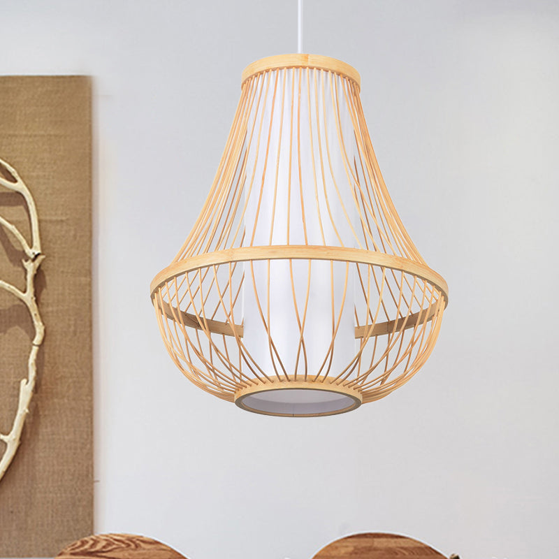 Teardrop Ceiling Light Japanese Bamboo 1 Bulb Wood Pendant Lighting Fixture with Tubular White Parchment Shade