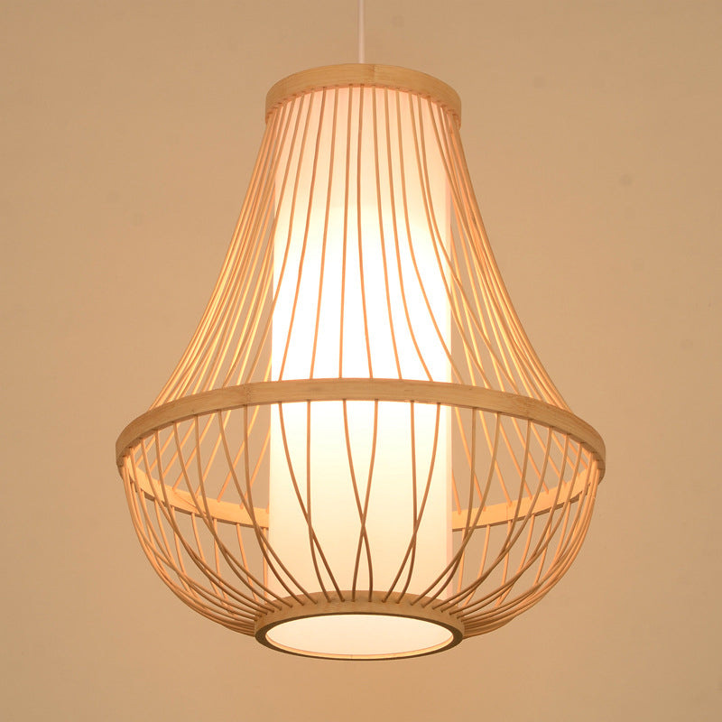 Teardrop Ceiling Light Japanese Bamboo 1 Bulb Wood Pendant Lighting Fixture with Tubular White Parchment Shade