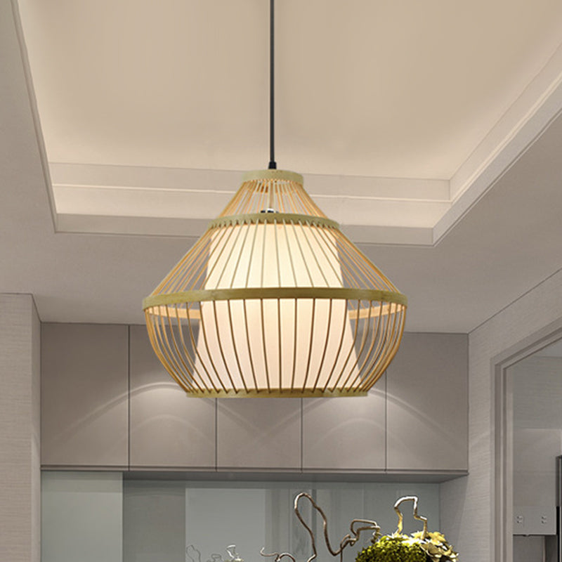 Asian 1 Head Pendant Light Beige Jar Suspended Lighting Fixture with Bamboo Shade