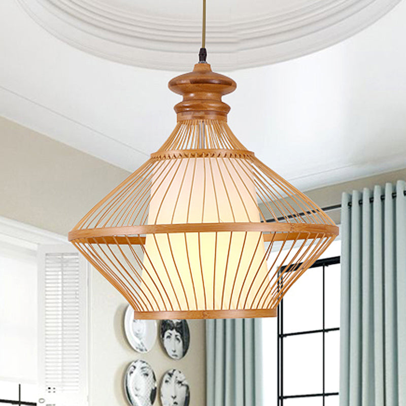 Bamboo Urn Ceiling Lamp Japanese 1 Head Hanging Pendant Light in Beige with Inner Tapered White Parchment Shade