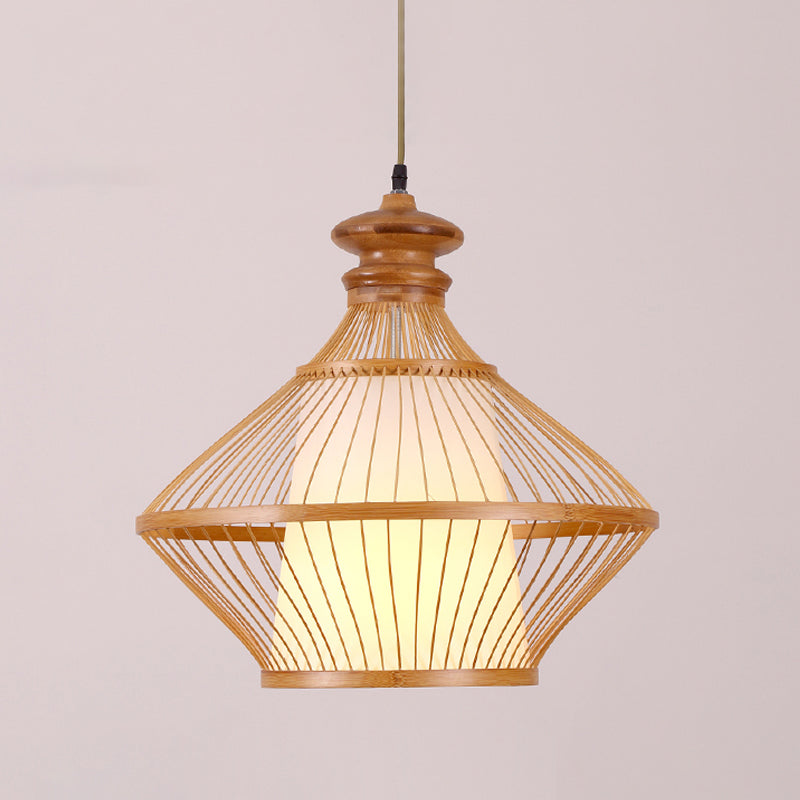 Bamboo Urn Ceiling Lamp Japanese 1 Head Hanging Pendant Light in Beige with Inner Tapered White Parchment Shade