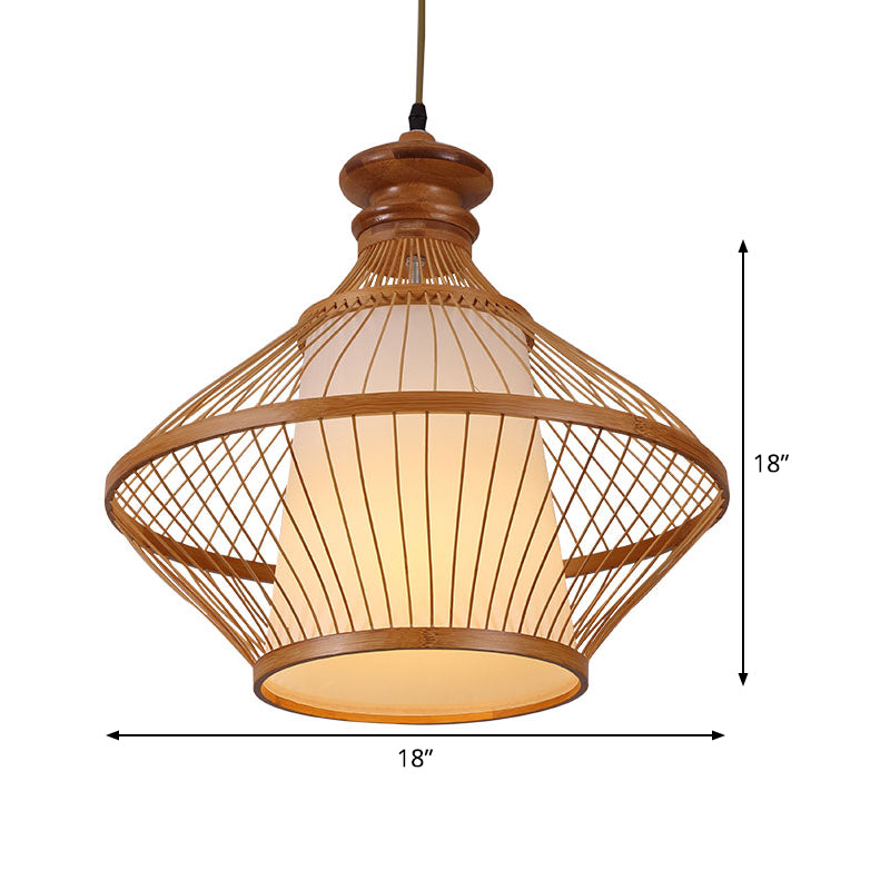 Bamboo Urn Ceiling Lamp Japanese 1 Head Hanging Pendant Light in Beige with Inner Tapered White Parchment Shade