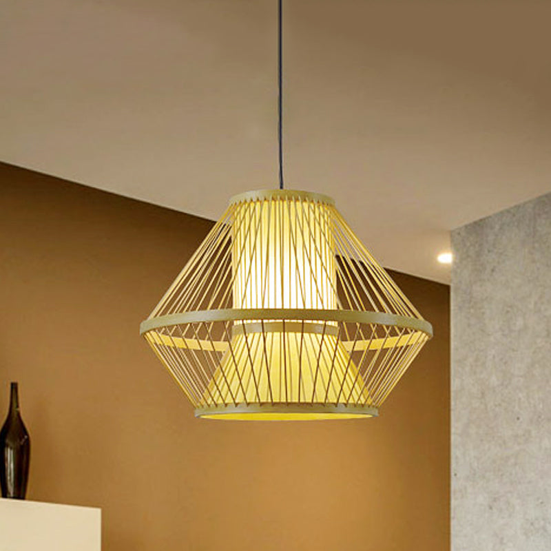 Tapered Hanging Light Chinese Bamboo 1 Head Beige Pendant Lighting Fixture for Dining Room