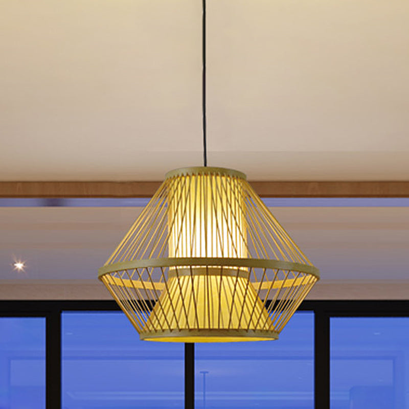 Tapered Hanging Light Chinese Bamboo 1 Head Beige Pendant Lighting Fixture for Dining Room