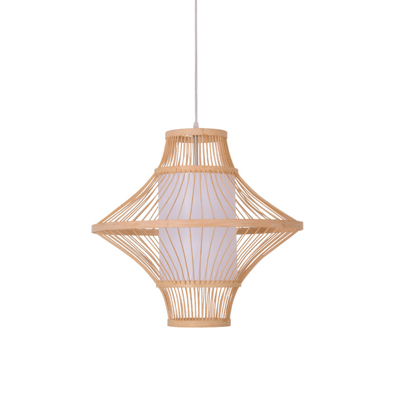 Flying Saucer Bamboo Ceiling Light Asia 1 Head Wood Suspended Lighting Fixture with Cylinder White Parchment Shade