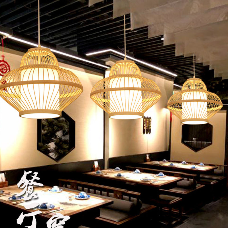 1 Head Teahouse Pendant Light Asia Wood Ceiling Suspension Lamp with Curved Bamboo Shade