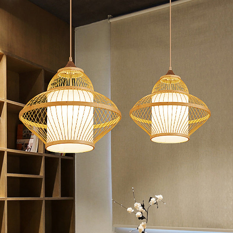 Curvy Pendant Lighting Japanese Bamboo 14"/17" Wide 1 Bulb Wood Ceiling Hanging Light