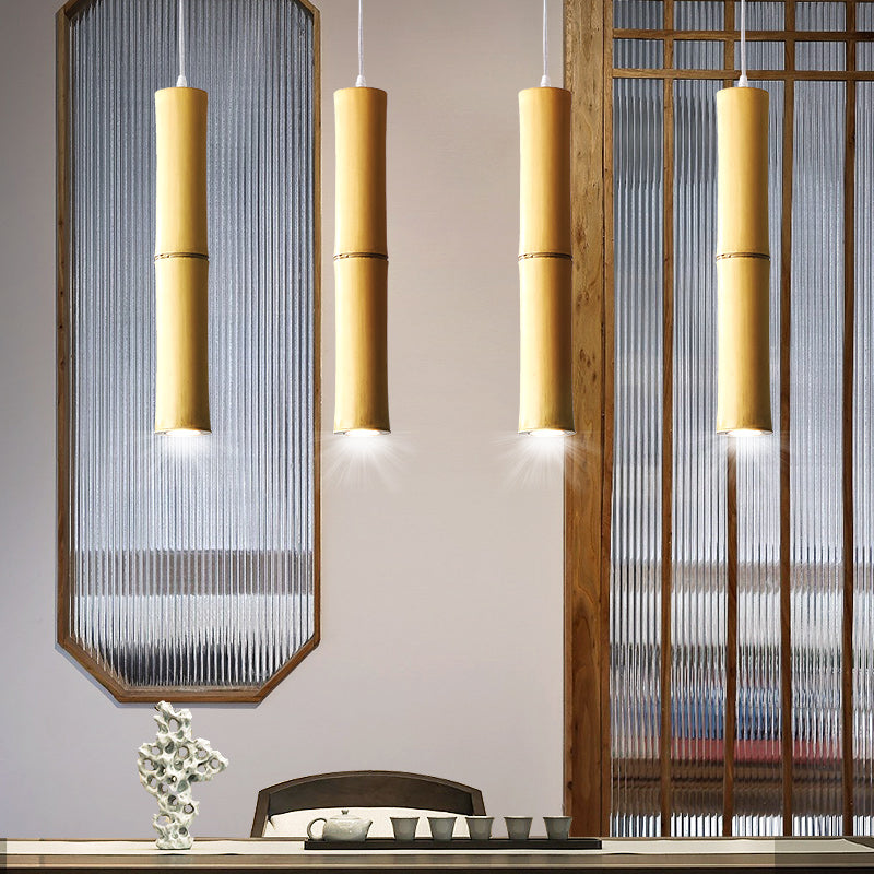Asian 1 Head Ceiling Lamp Wood Cylindrical Hanging Pendant Light with Resin Shade