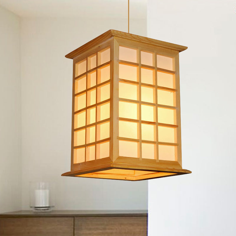 Asian 1 Head Pendant Light Beige House Suspended Lighting Fixture with Wood Shade