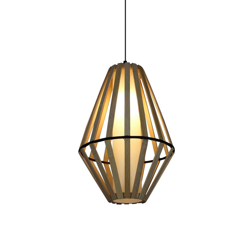 Cône Hanging Lampe Asie Bois 1 tête Brun Plafond Pendant Light avec tube intérieur Obelle de parchemin blanc