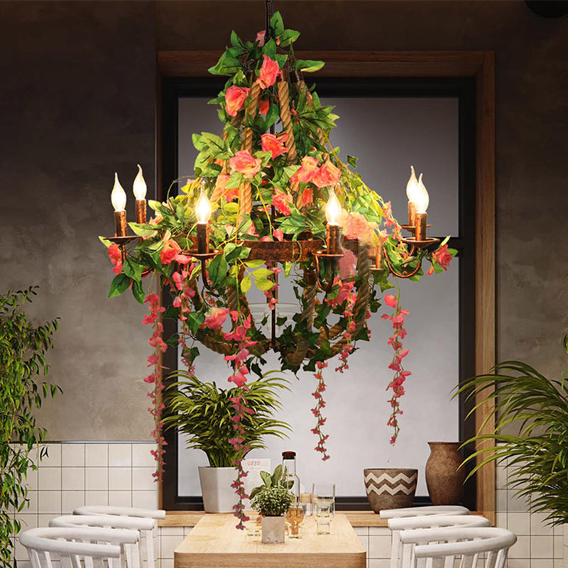 Candle Restaurant Rose Chandelier Light Industrial 6 Bulbs LED Rust Hanging Light Fixture