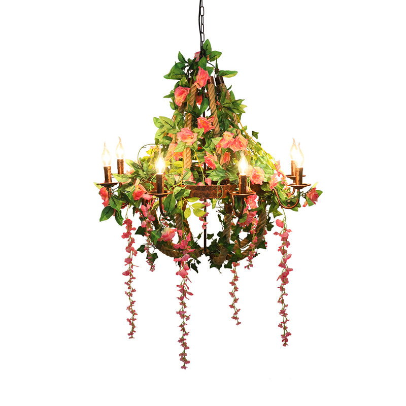Candle Restaurant Rose Chandelier Light Industrial 6 Bulbs LED Rust Hanging Light Fixture