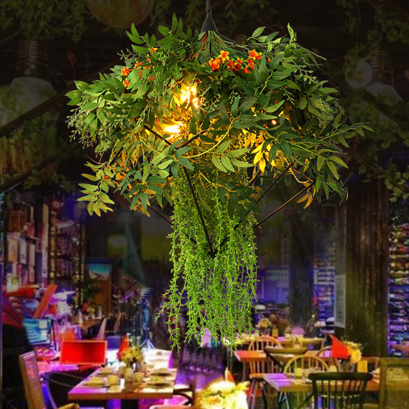 Industrial Plant Chandelier Light Fixture 3 Bulbs Metal LED Suspension Lighting in Green