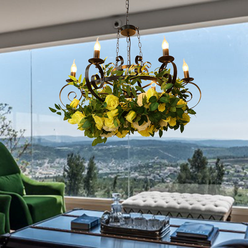 6 Bulbs Candle Pendant Chandelier Industrial Black Metal LED Suspension Lighting Fixture with Rose Decoration