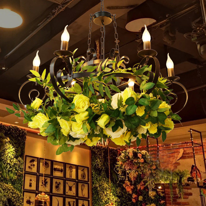 6 Bulbs Candle Pendant Chandelier Industrial Black Metal LED Suspension Lighting Fixture with Rose Decoration