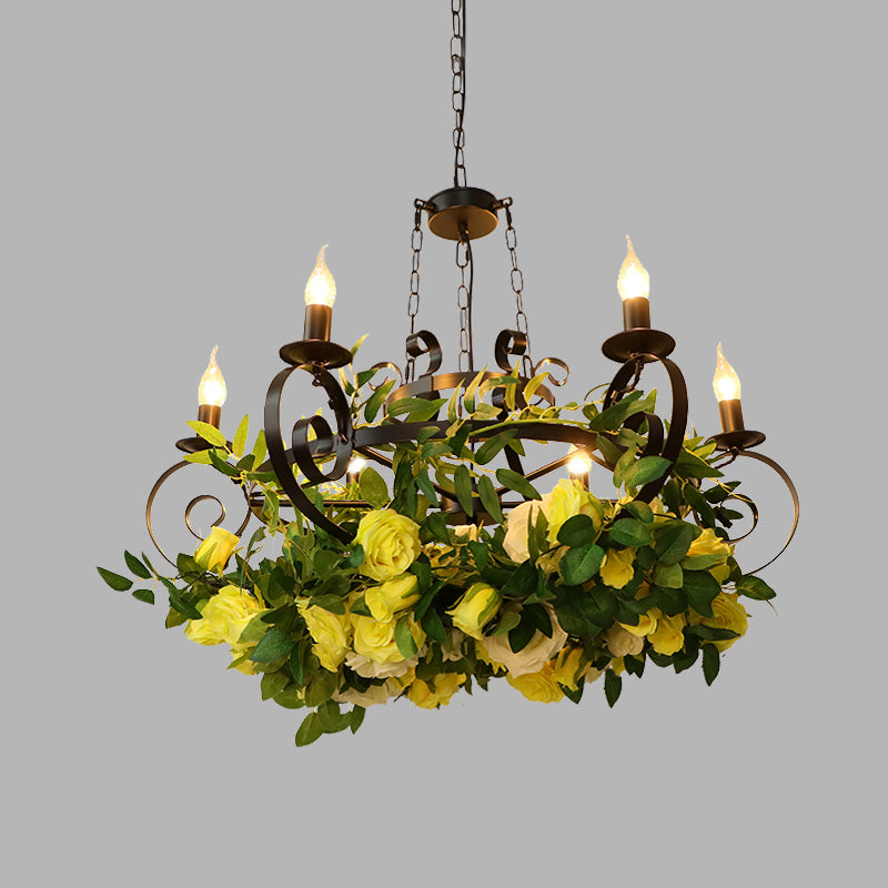 6 Bulbs Candle Pendant Chandelier Industrial Black Metal LED Suspension Lighting Fixture with Rose Decoration