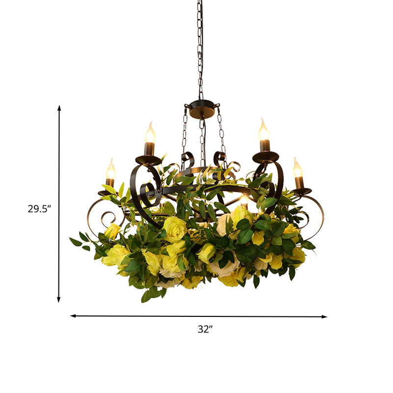 6 Bulbs Candle Pendant Chandelier Industrial Black Metal LED Suspension Lighting Fixture with Rose Decoration