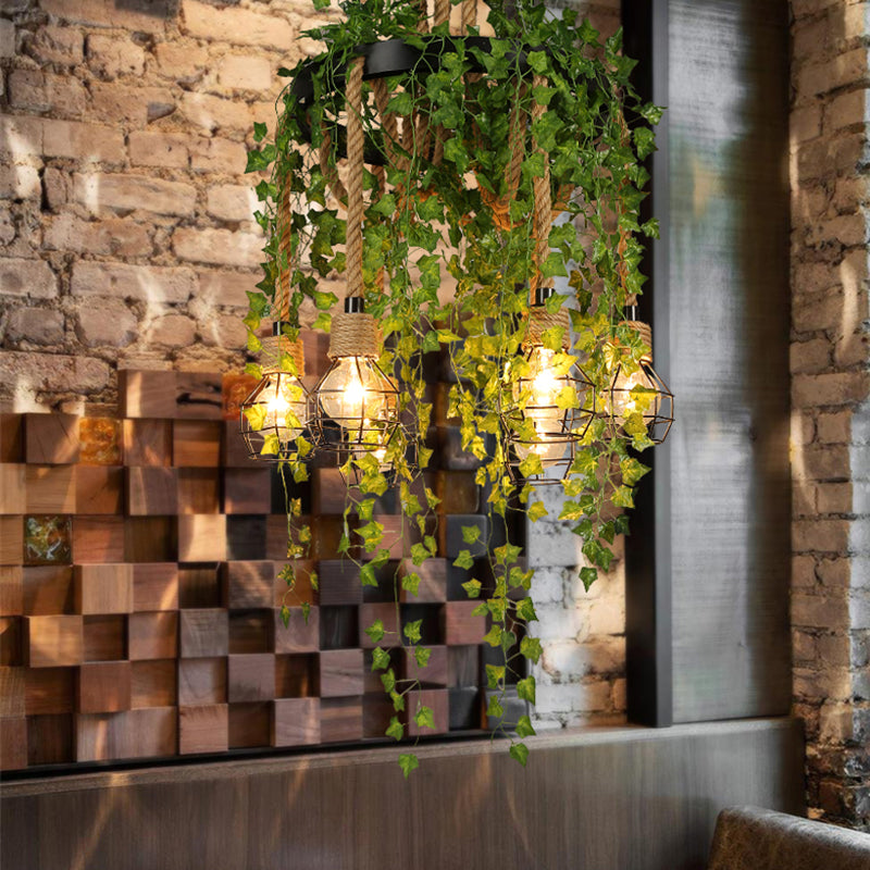 Metal Bare Bulb Pendant Chandelier Antique 6 Bulbs Restaurant Plant Ceiling Suspension Lamp in Black