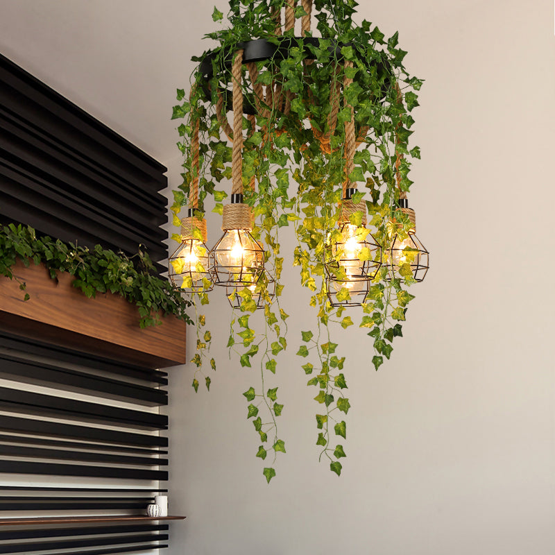 Metal Bare Bulb Pendant Chandelier Antique 6 Bulbs Restaurant Plant Ceiling Suspension Lamp in Black