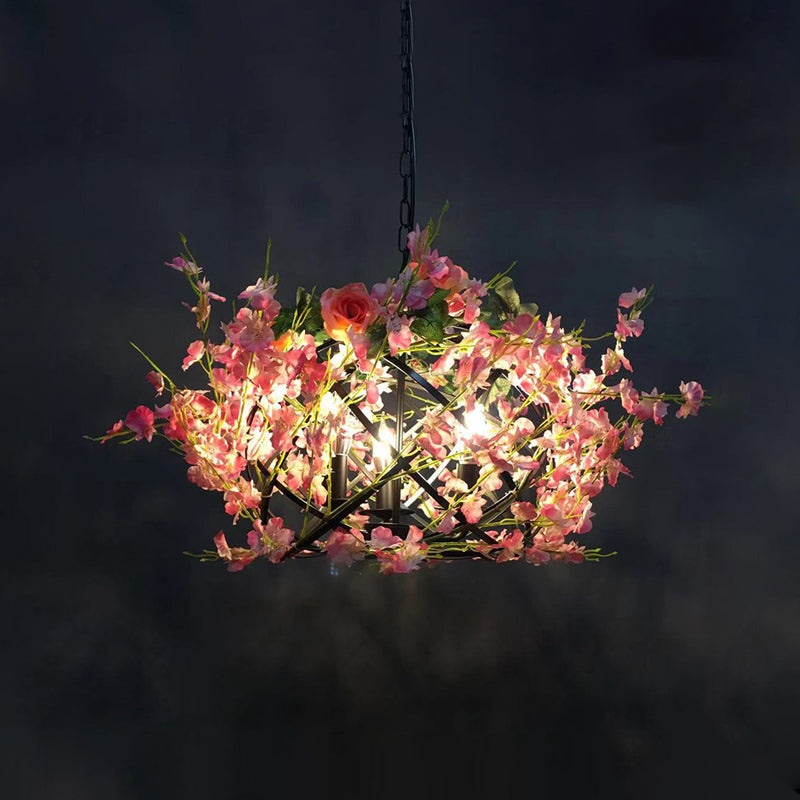 Metal Pink Flower Hanging Chandelier Candle 3 Bulbs Industrial Ceiling Light for Restaurant