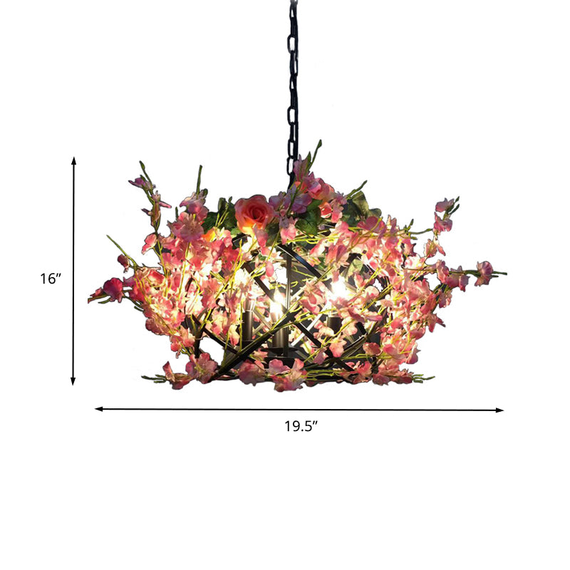 Metal Pink Flower Hanging Chandelier Candle 3 Bulbs Industrial Ceiling Light for Restaurant