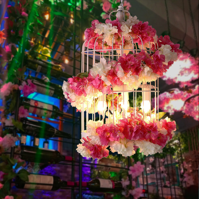 Antique Birdcage Ceiling Chandelier 3 Bulbs Metal Flower Drop Lamp in Rose Red for Restaurant