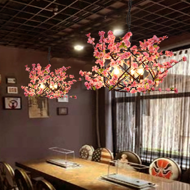 3 Lights Flower Chandelier Lighting with Bird Nest Metal Industrial Restaurant Drop Pendant in Pink