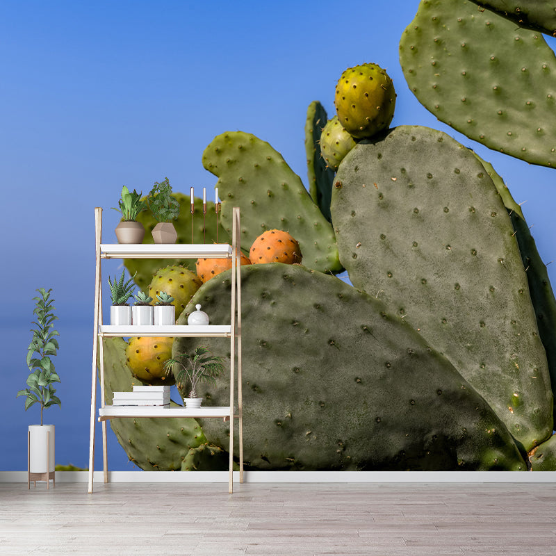 Green Cactus Mural Wallpaper for Reading Room Bedroom, Moisture Resistant