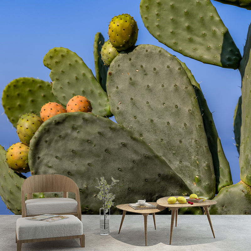 Green Cactus Mural Wallpaper for Reading Room Bedroom, Moisture Resistant