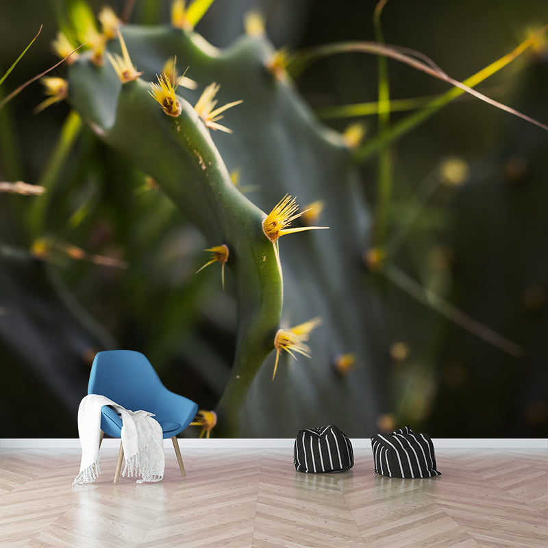 Green Cactus Mural Wallpaper for Reading Room Bedroom, Moisture Resistant