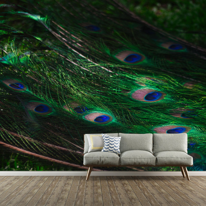 Tropical Style Mural Wallpaper Peacock Feather Wall Covering for Sitting Room
