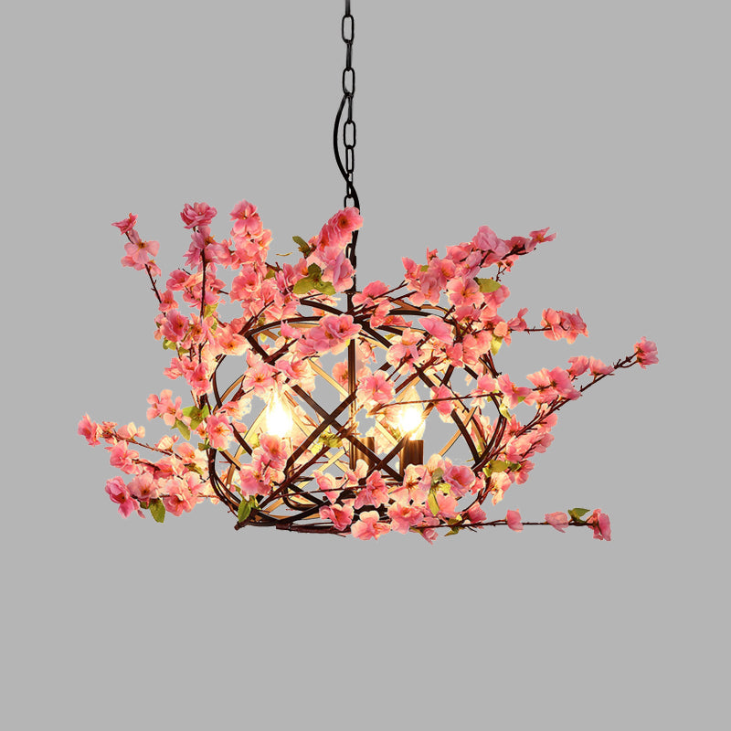 3 Lights Flower Chandelier Lighting with Bird Nest Metal Industrial Restaurant Drop Pendant in Pink