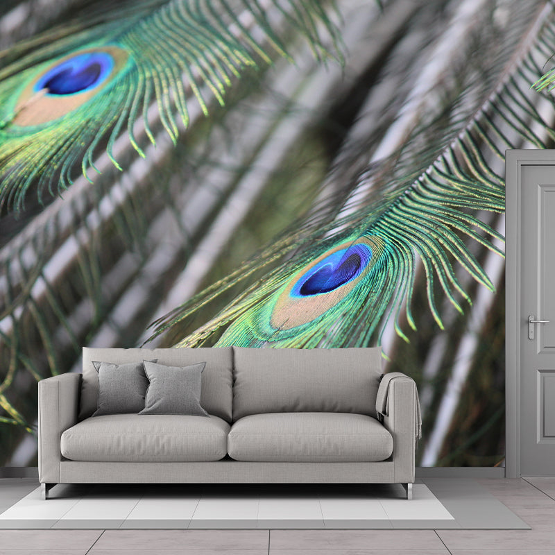Tropical Style Mural Wallpaper Peacock Feather Wall Covering for Sitting Room
