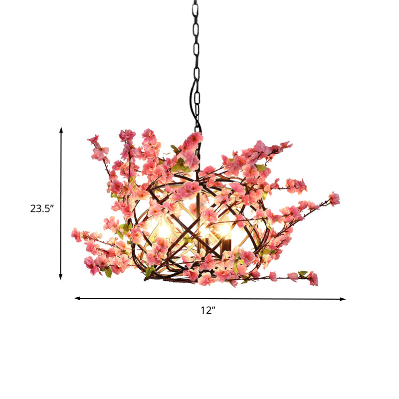 3 lumières éclairage de lustre à fleurs avec nid d'oiseau en métal Restaurant industriel Pendentif en rose